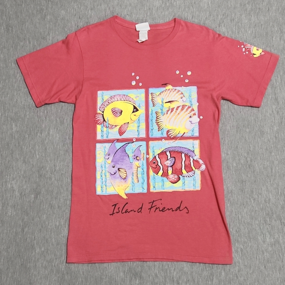 Vintage Pink "Island Friends" Tropical Fish Short Sleeved Beach Tee T-Shirt